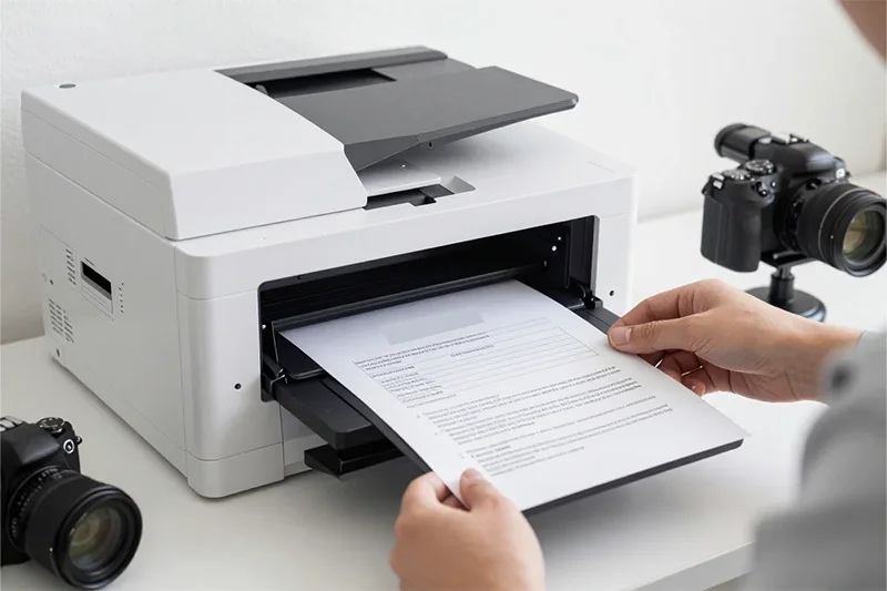 Illustrative image of a document being scanned, with camera equipment nearby.