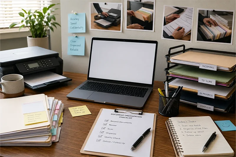 Illustrative workspace with an organized document checklist, folders and a laptop.